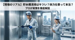 貯水槽清掃の現場で働く男女のスタッフと記事タイトルのアイキャッチ画像