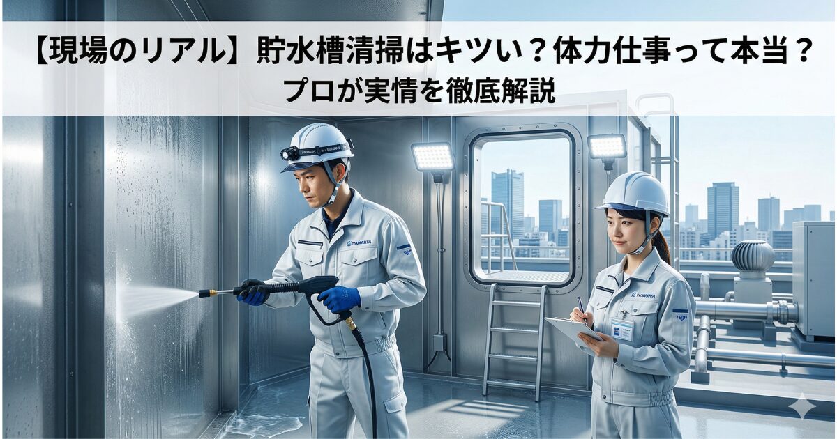 貯水槽清掃の現場で働く男女のスタッフと記事タイトルのアイキャッチ画像